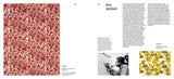 Textile pattern with red and white design on the left, text on the right, and a small image of a person on the bottom right.