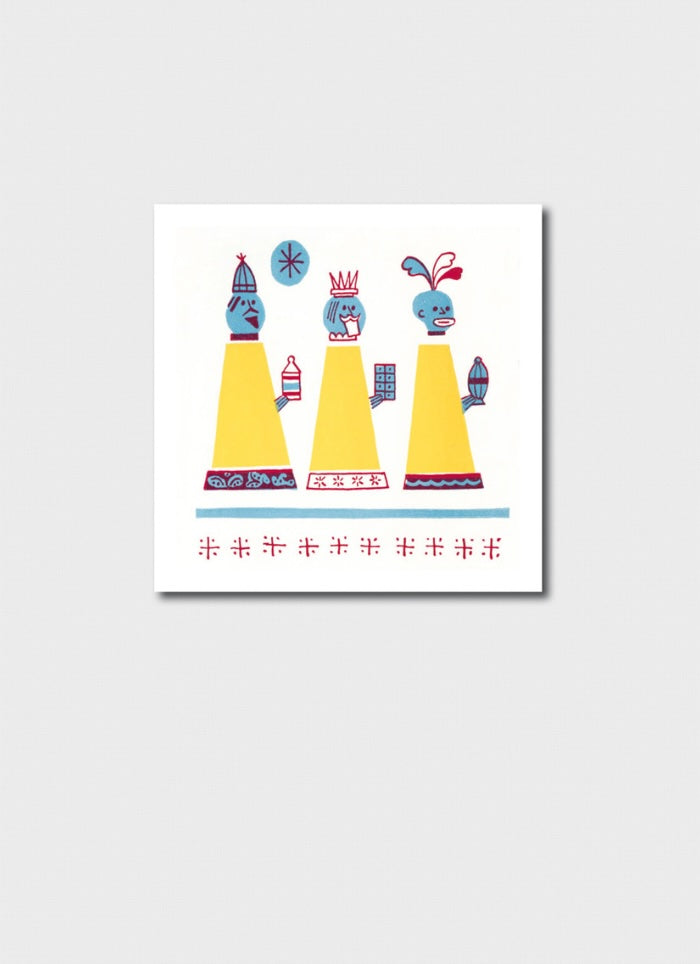 Decorative wall art with three colorful figures on a white background