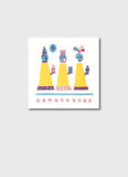 Decorative wall art with three colorful figures on a white background