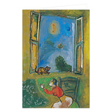 Painting of a woman and cat by an open window with a view of trees and sky.