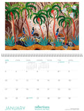 Calendar with a colorful illustration of birds and trees on a white background