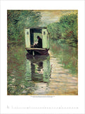 Painting of a boat on a river with a person inside, surrounded by greenery.