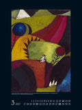 Abstract artwork with geometric shapes and colors, featuring a calendar layout for March 2027.