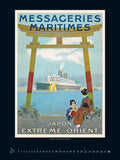 Vintage-style travel poster for Messageries Maritimes with a ship and traditional Japanese gate.