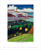 Artistic depiction of a landscape with green hills, blue sky, and white clouds.