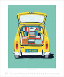 Illustration of a yellow car with an open trunk full of books on a light green background