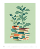 Illustration of plants growing out of stacked books on a light green background