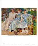 Painting of three women sitting on a bench in a garden