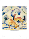 Artistic depiction of two deer in a snowy landscape with abstract elements.