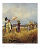 Painting of people in a field with an umbrella and top hat, set against a scenic background.