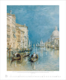 Artistic depiction of a canal scene with gondolas and buildings in the background