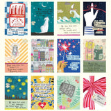 Collection of various greeting cards with different designs and text.
