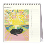 Calendar with a black cat illustration and colorful sun design on a white background