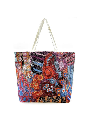 A canvas tote bag from Better World Arts and based on artwork by Andrea Mimpitja Adamson.