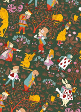 Colorful pattern of cartoon characters and animals on a dark green background