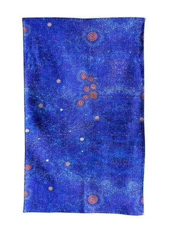Blue fabric with circular patterns on a white background
