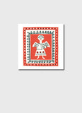 Decorative print with a red border and illustration of a girl reading a book on a white background