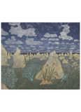 A card with artwork featuring a landscape with ant hills or rock formations on a dull green ground with a blue cloudy sky. Angela Newberry art card - Pinnacles.