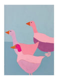 A card with a blue background and 3 geese in shades of pink.