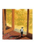 A square art print depicting a black and white bird standing on a wooden floor by large windows, looking out onto a golden-yellow forest. The scene includes a patterned rug in the foreground and is presented with a white border.