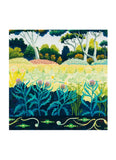 Ros of pants in the foreground and trees and bushes in the background in greens and yellows.