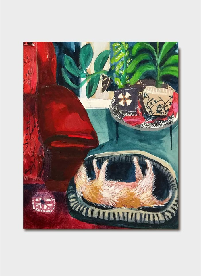 Anthea Stead Art Card - Red Lounge With Dog