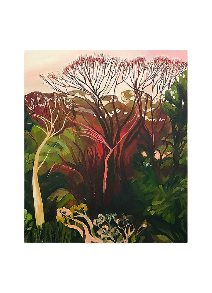 A landscape of trees in greens and reds.
