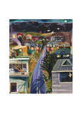 Art work by Anthea Stead of a main street surrounded by houses and hills in the background.