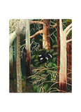 A forest of trees with a black and white bird diving down.