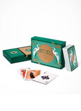 Art Deco-themed playing cards set with a green box, a deck of cards, and several sample cards displayed on a clean white background.