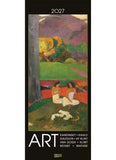 Art-themed calendar cover with two figures under a tree, featuring famous artists' names.