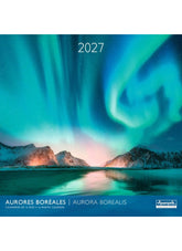 Calendar cover with Aurora Borealis over a lake and mountains, featuring the year 2027.