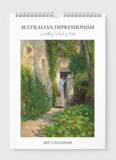 Calendar cover for Australian Impressionism featuring a painting of a garden scene with two people.