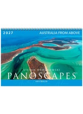 Front page of Panoscapes calendar with an arial photo of a waterway in blues and greens.