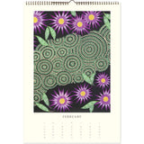 Calendar page with a green abstract design and purple flowers on a white background
