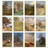 Grid of landscape paintings featuring various scenes with trees, fields, and people.
