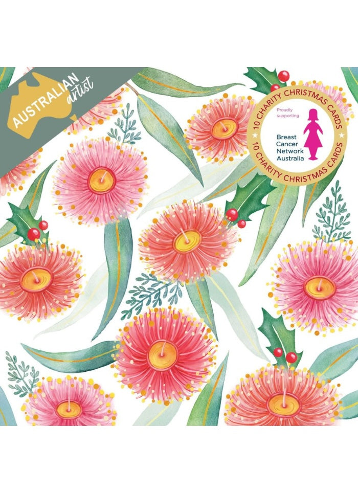 A repeating watercolor pattern of pink and coral eucalyptus flowers with green leaves and small red berries on a white background, with a green 'Australian artist' badge and a circular Breast Cancer Network Australia charity seal.