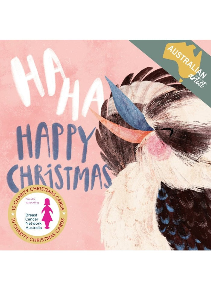 Front cover of a Christmas card set titled 'HA HA HAPPY CHRISTMAS' on a pink background, featuring a painted bird illustration and a green 'Australian Gift' banner. A circular badge at the lower left reads '10 Charity Christmas Cards' and 'Breast Cancer Network Australia.