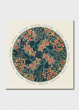 A square Christmas art print featuring a circular botanical design with red berries, green leaves, and a dark blue background, surrounded by a cream border with repeated 'Merry Christmas' text, shown against a light gray backdrop.