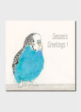 Card with a blue and black bird illustration and 'Season's Greetings!' text on a white background