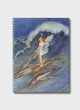 A notebook with a fairy riding 3 fish on a wave in a blue sea.