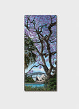 Bookmark with a painting of the Sydney Harbour Bridge and the Opera House from across the water under a jacaranda tree.