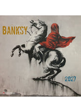 Banksy artwork with a person on a horse, featuring the artist's name and the year 2027.