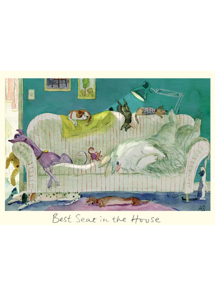 Cartoon-style illustration of a couch with animals on it, labeled 'Best Seat in the House'.