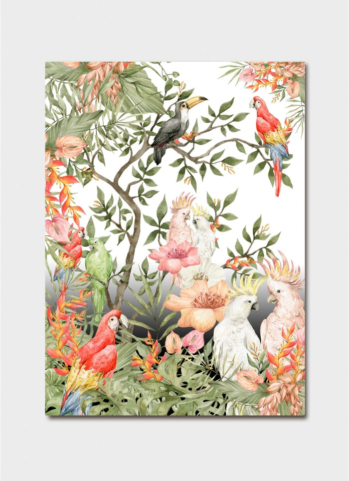 Canvas print with tropical birds and flowers on a white background