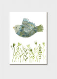 Artists drawing of a bird flying above greenery.