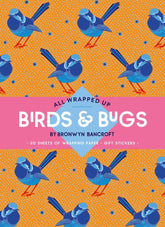 Packaging of 'All Wrapped Up Birds & Bugs' by Bronwyn Bancroft with blue birds on orange background