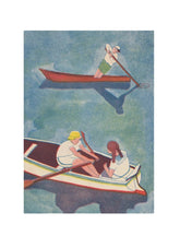 A vintage-style art print depicting two people in small rowboats on blue-green water. One person in a red boat uses an oar, while another person in a white boat rows with two passengers.