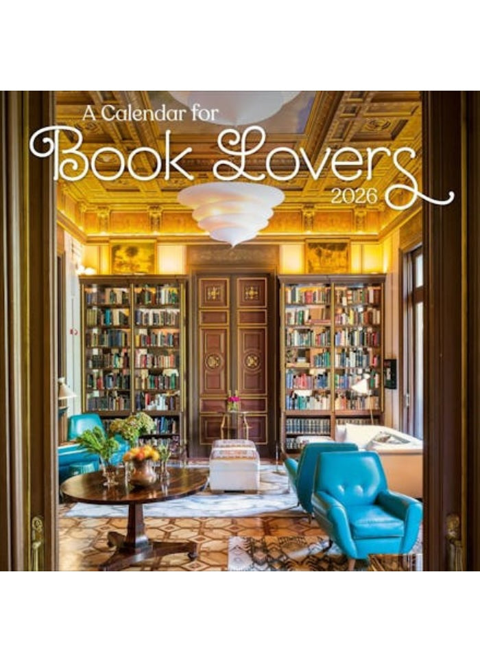 A calendar with a personal library on the front with lounge furniture and bookshelves.