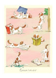 Illustration of a dog in various poses with books, labeled 'Booklover', on a pink background.